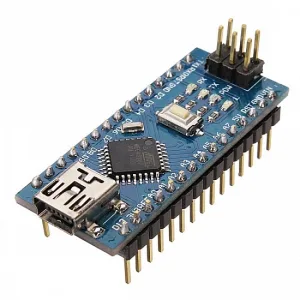 arduino nano microcontroller programmer board with pins soldered for various robotics project