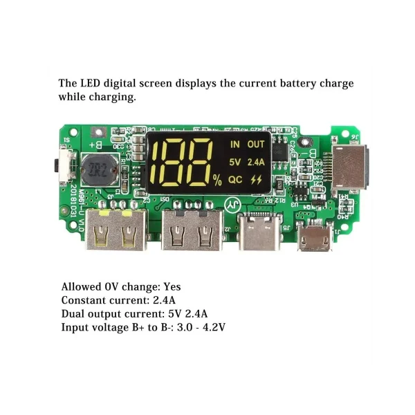 18650 5V 1A2A Lithium Battery Digital Display Charging Module with Dual USB Output Quick Charge Supported 2