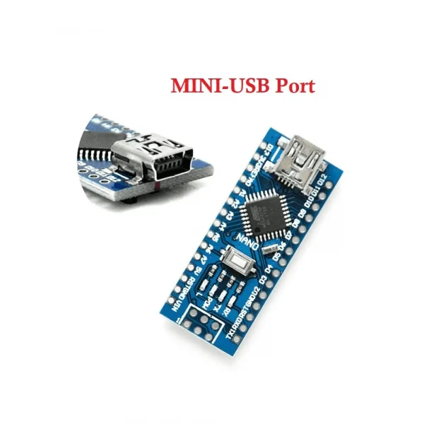 Arduino Nano: Compact microcontroller board featuring ATmega328P processor, ideal for small-scale robotics projects and electronic prototyping.