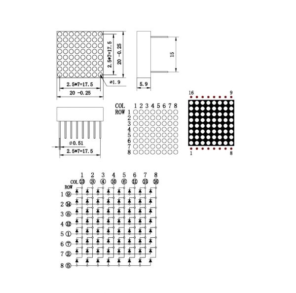 788BS 8x8 1.9mm Red LED Dot Matrix Display 16pin CA 2